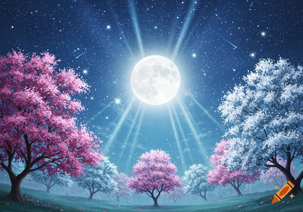 A full moon with beaming light illuminates a starry night sky and a field filled with pink and white cherry blossom trees.