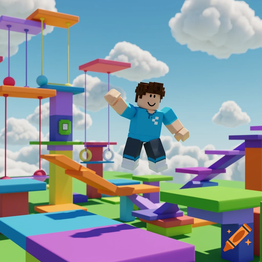 A blocky Roblox-style character with a face on the back of his head jumps through a colorful obstacle course under a blue sky with clouds.