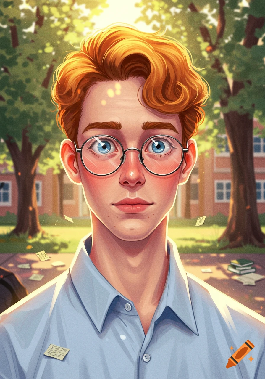 Stylized digital illustration of a young man with ginger hair, blue eyes, and round glasses, wearing a light blue shirt in a sunny outdoor setting.