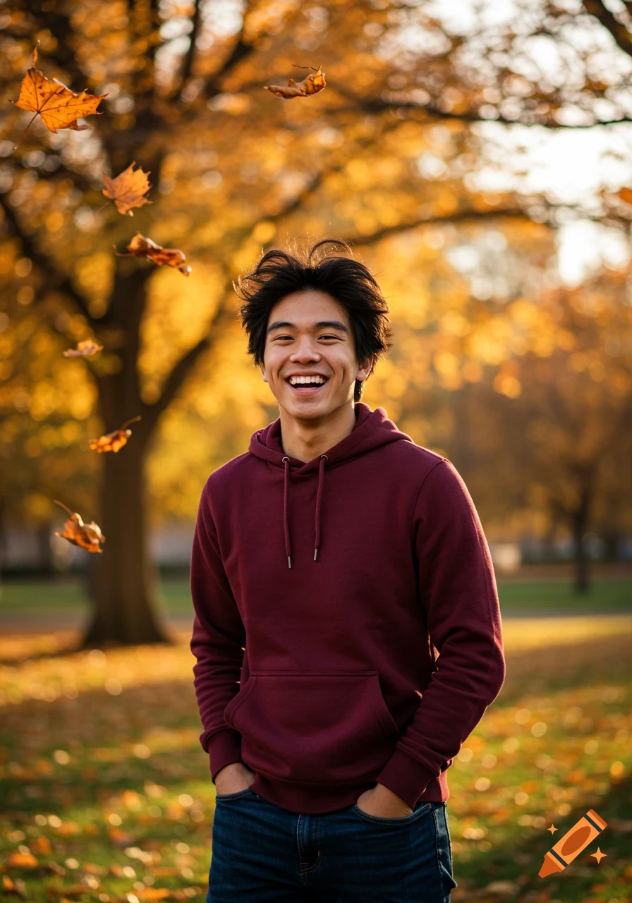 A happy young man in a maroon hoodie and jeans smiles outdoors with autumn leaves falling around him.