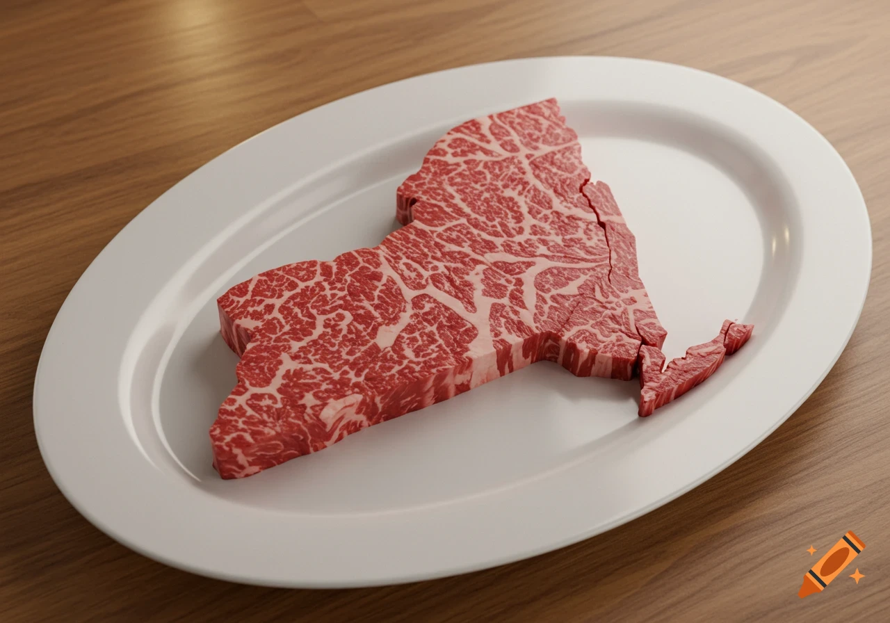 A raw steak cut into the shape of New York state rests on an oval white platter.