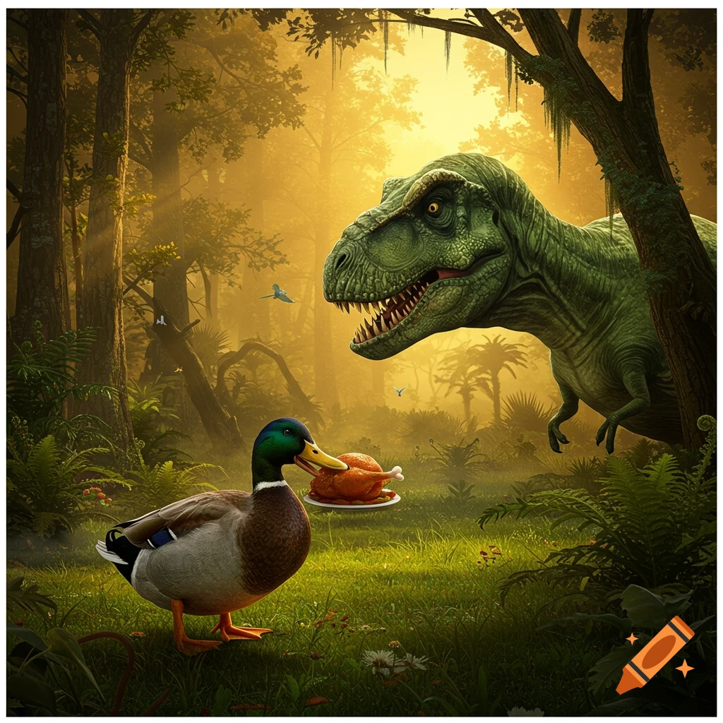 A mallard duck holds a roasted turkey on a plate while a large Tyrannosaurus Rex looms behind it in a sunlit forest.