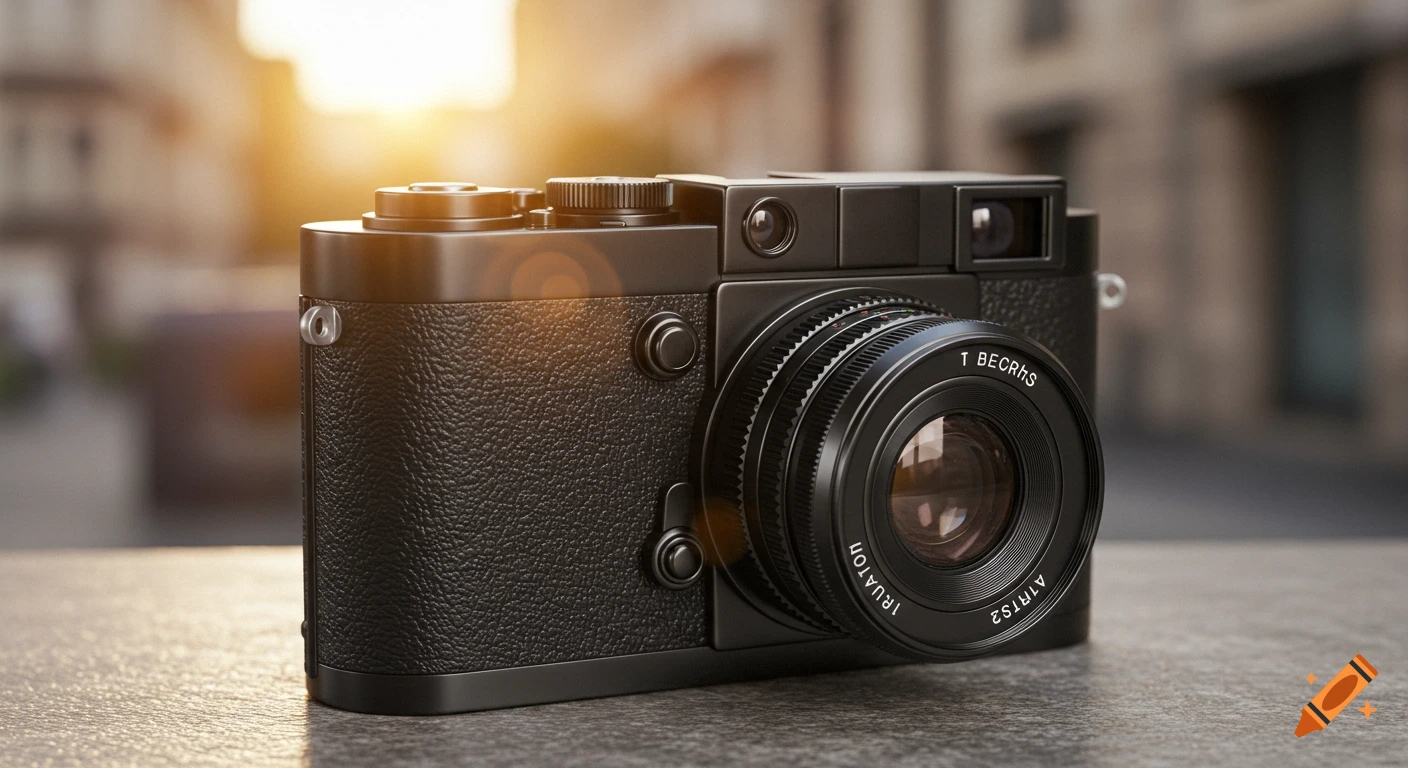 A photorealistic close-up of a black rangefinder camera with a small lens, resting on a textured surface, bathed in warm sunlight.