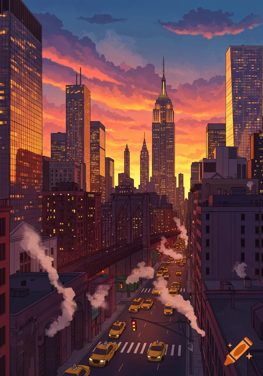 Cartoon-style illustration of New York City at sunset, featuring skyscrapers, a bridge, and yellow taxis on a busy street.