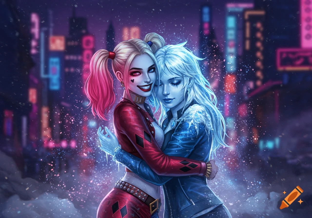 Harley Quinn, with pink and blonde pigtails, and Killer Frost, with white hair, hug amidst a snowy, neon-lit city at night, in a digital art style.