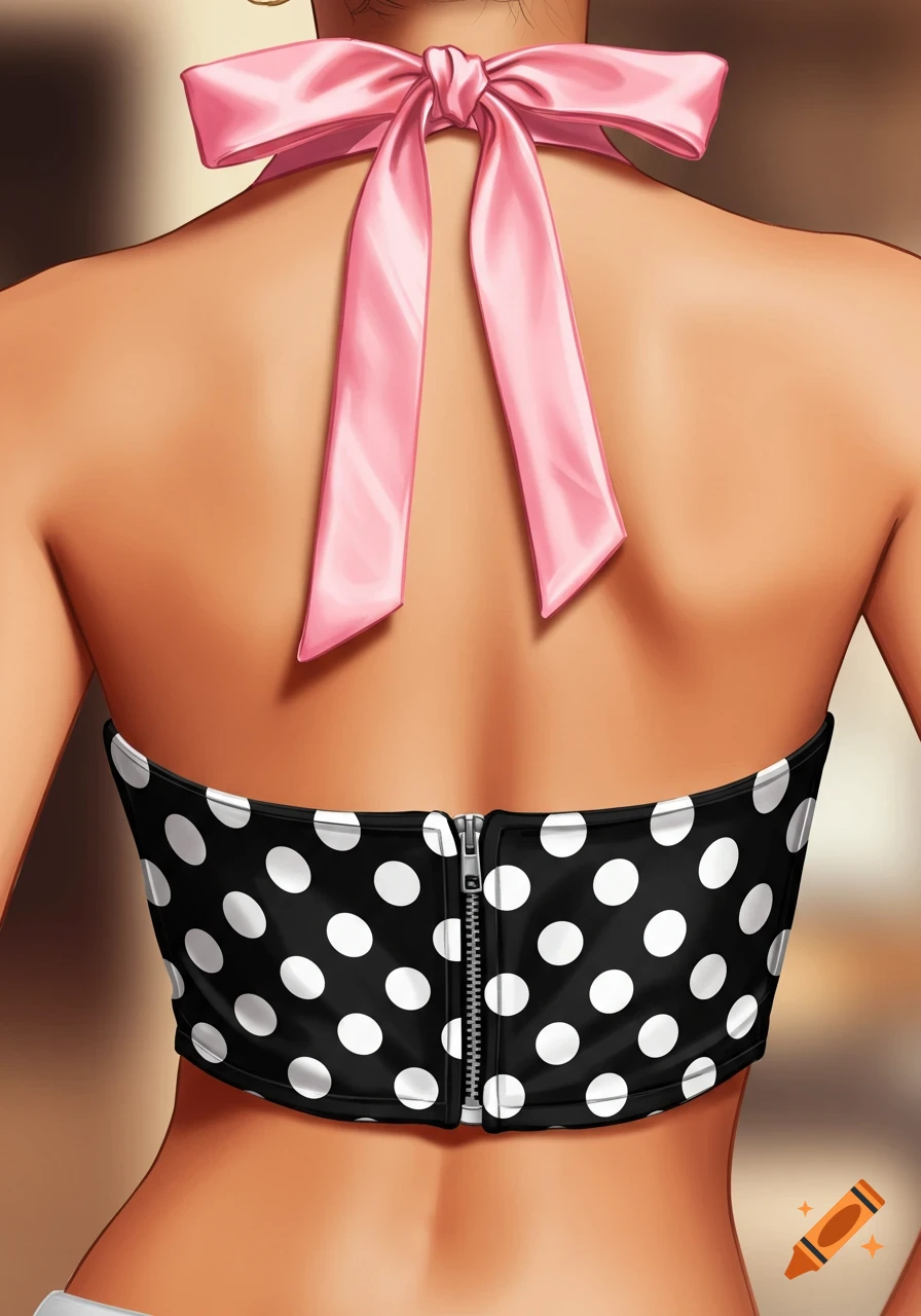Back view of a person wearing a black and white polka dot halter top with a pink ribbon tie and back zipper, in an illustrative style.