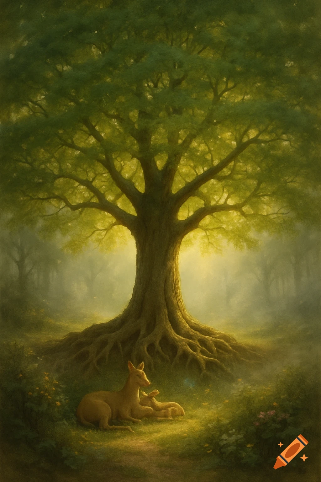 A majestic tree with exposed roots stands in a misty, sunlit forest, with two deer resting at its base.