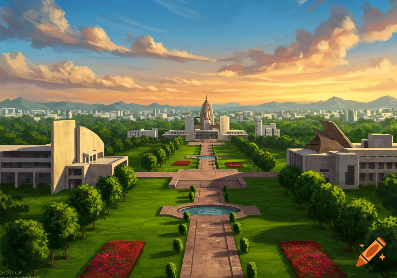 A vibrant digital painting of a modern cityscape featuring large, imposing buildings, manicured green lawns, trees, and flower beds, all set against a dramatic sunset sky with distant mountains.