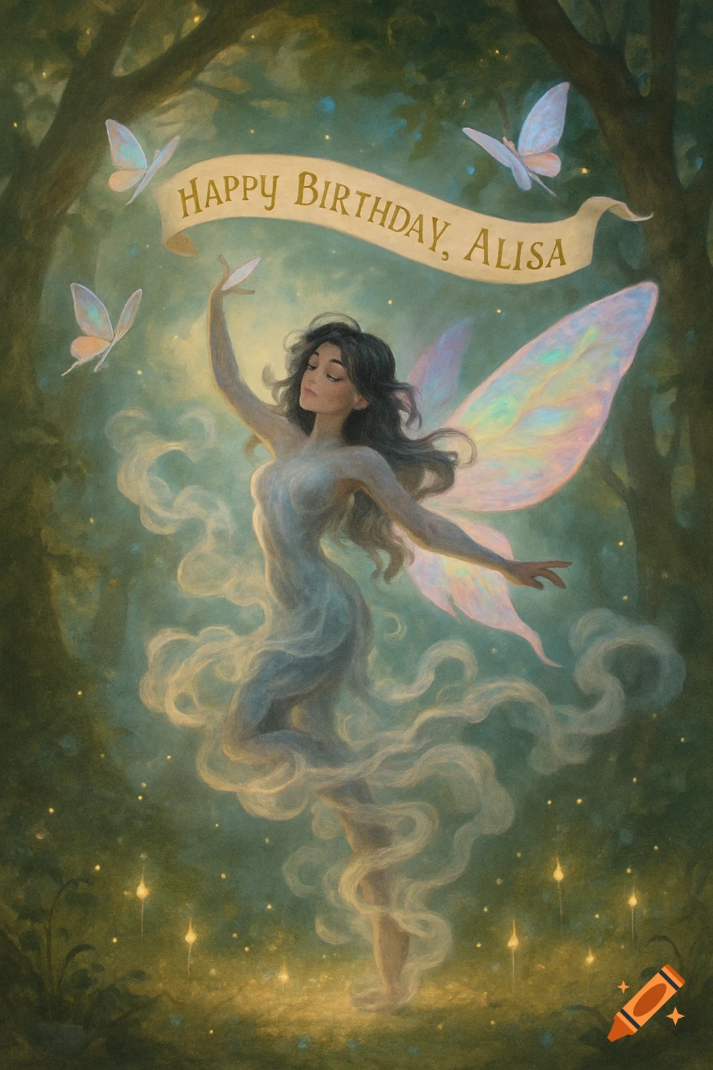 Whimsical painting of a fairy with iridescent wings in a magical forest, holding a banner that reads "Happy Birthday, Alisa".