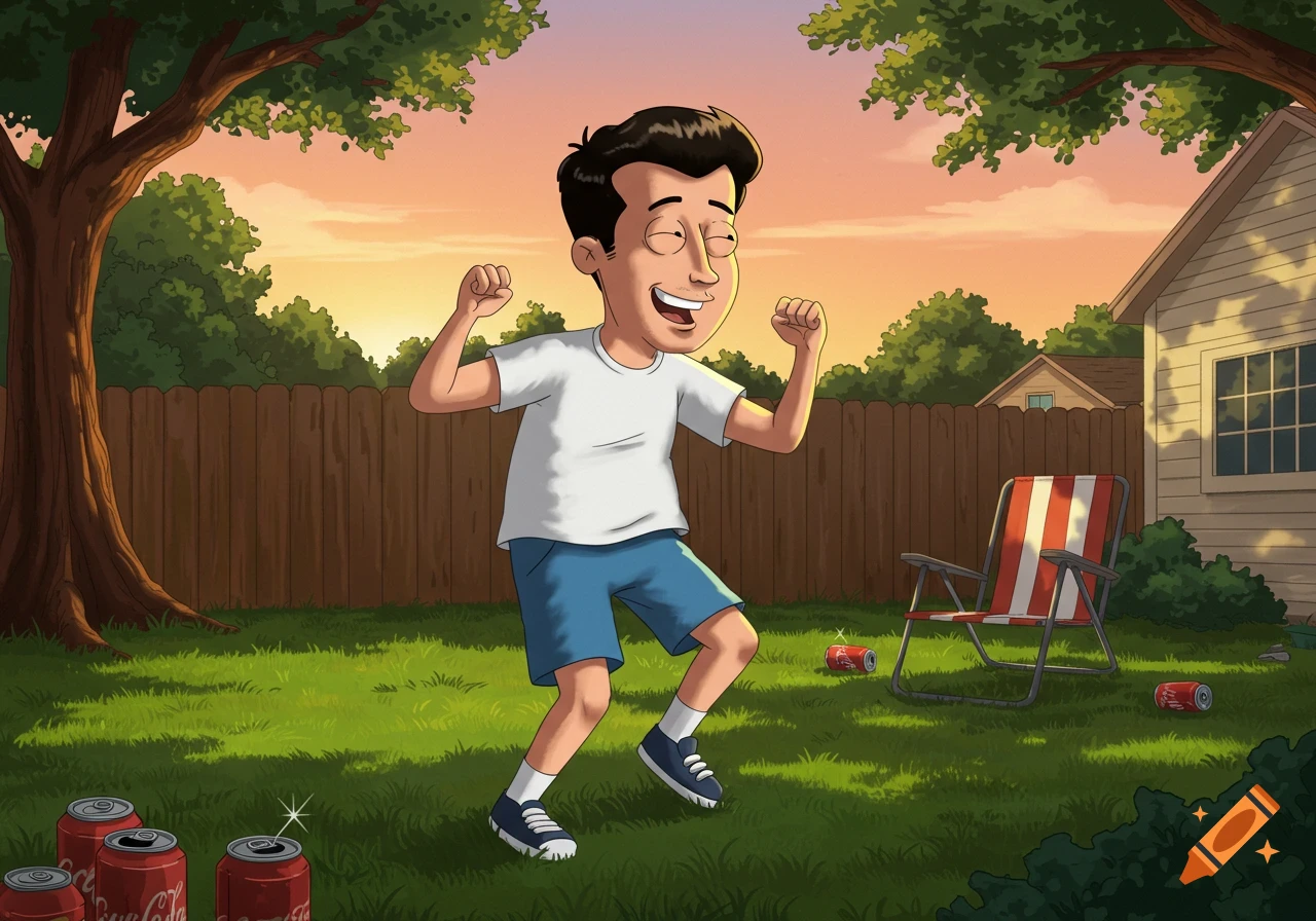 Cartoon character Bobby Hill dances energetically in a sunny backyard with soda cans on the grass.