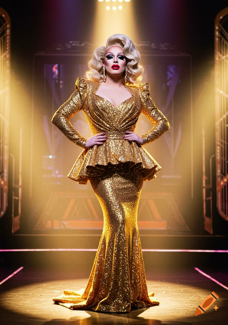 A drag queen in a shimmering gold peplum dress stands on a stage under a spotlight.