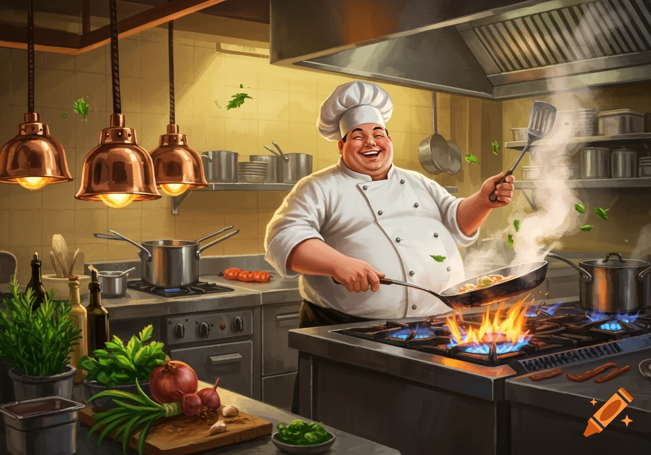 A smiling fat chef in a professional kitchen cooks with a flaming pan, surrounded by ingredients and equipment. Illustrated style.