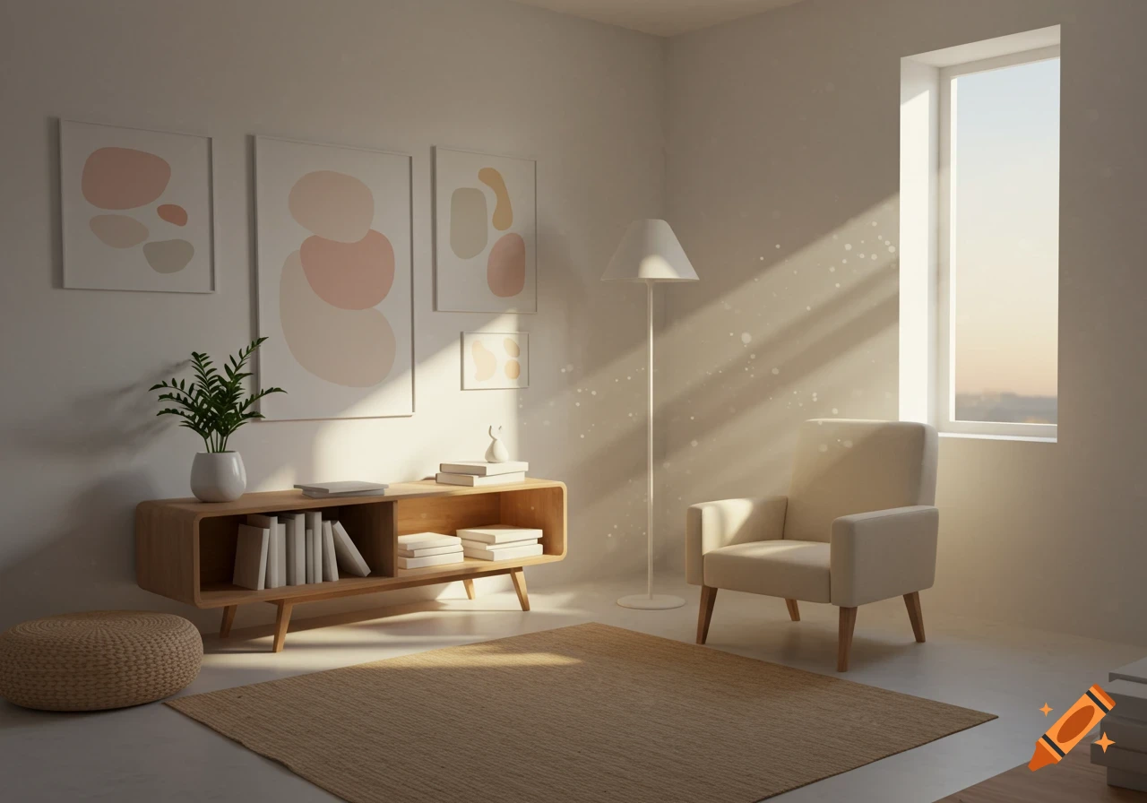 A modern minimalist living room with a wooden console, abstract art, an armchair, and sunlight streaming through a large window.