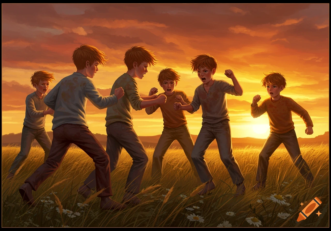 Multiple red-haired boys with fists raised in a confrontational fight in a grassy field at sunset.