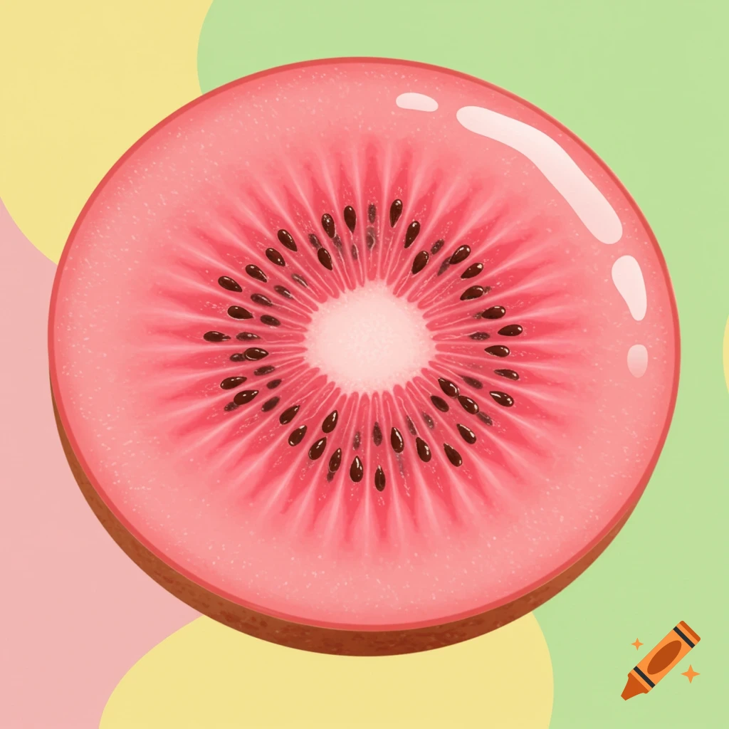 A vibrant pink sliced kiwifruit with dark seeds against a pastel yellow and green background.