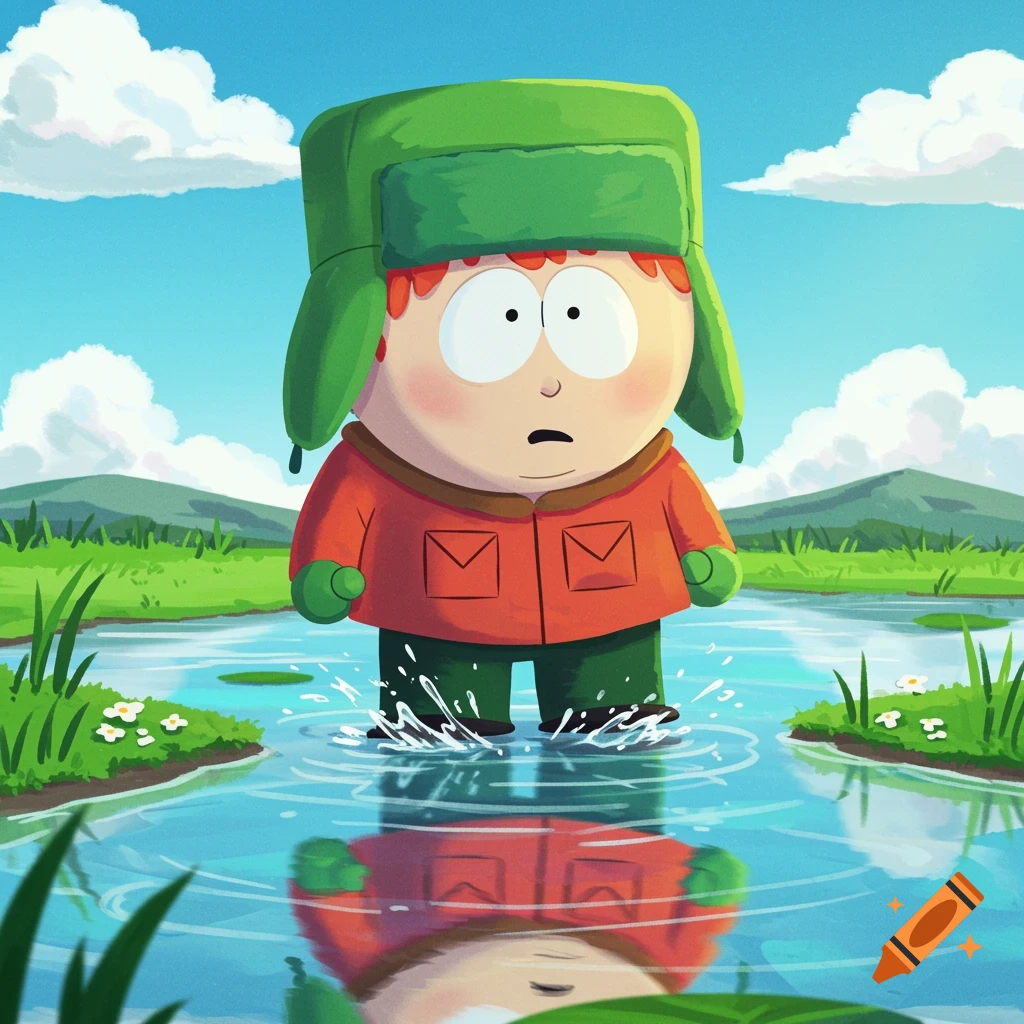 Cartoon of Kyle Broflovski from South Park splashing in a puddle, with his reflection visible in the water.