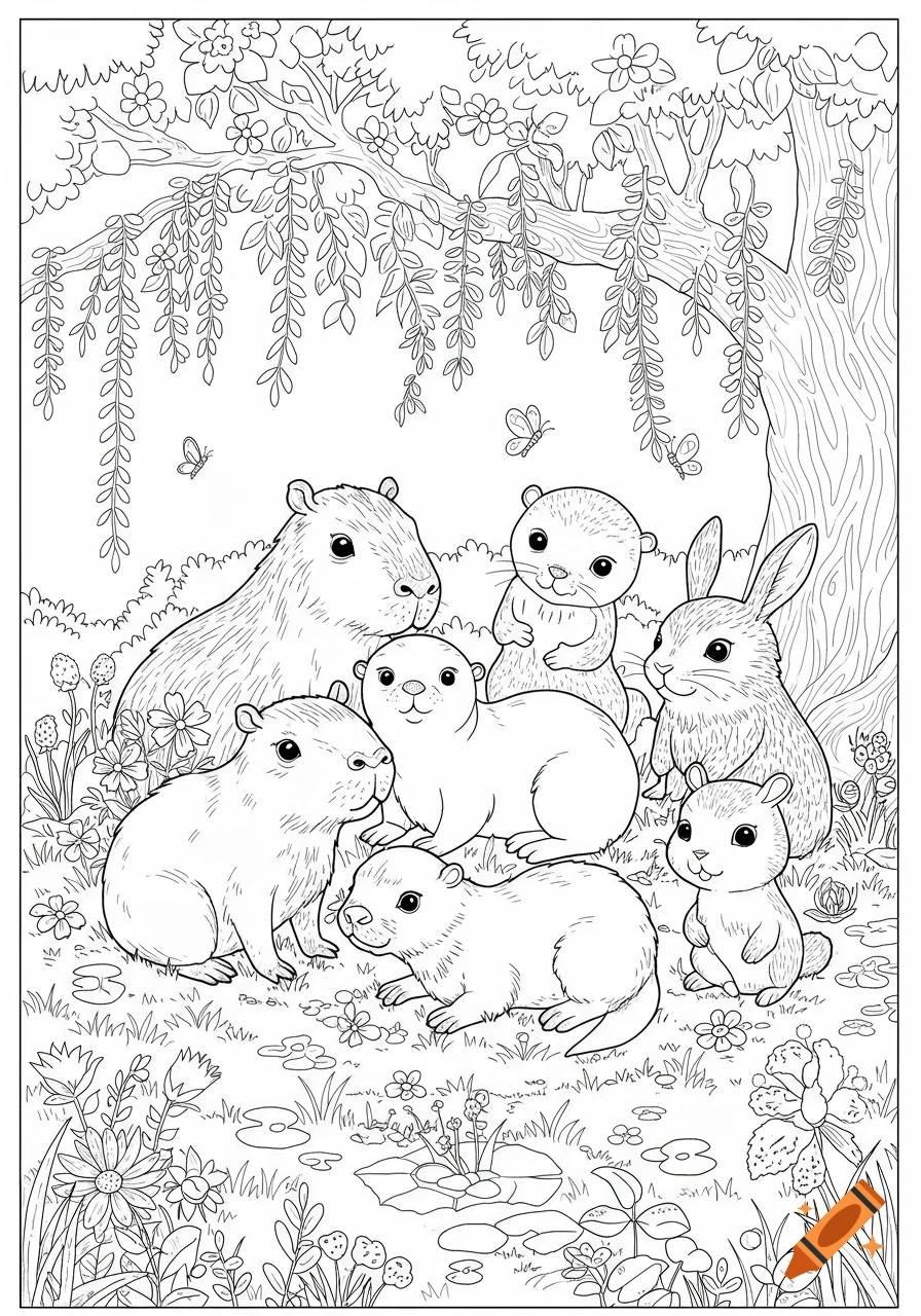 Cute capybaras, otters, and a rabbit gathered under a tree in a black and white coloring book style.