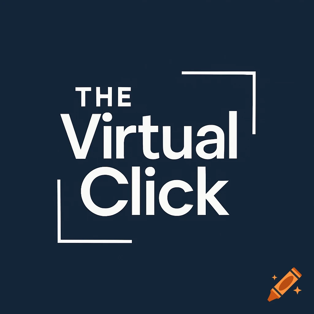 A navy background with white text reading 'THE Virtual Click', framed by white L-shaped lines.