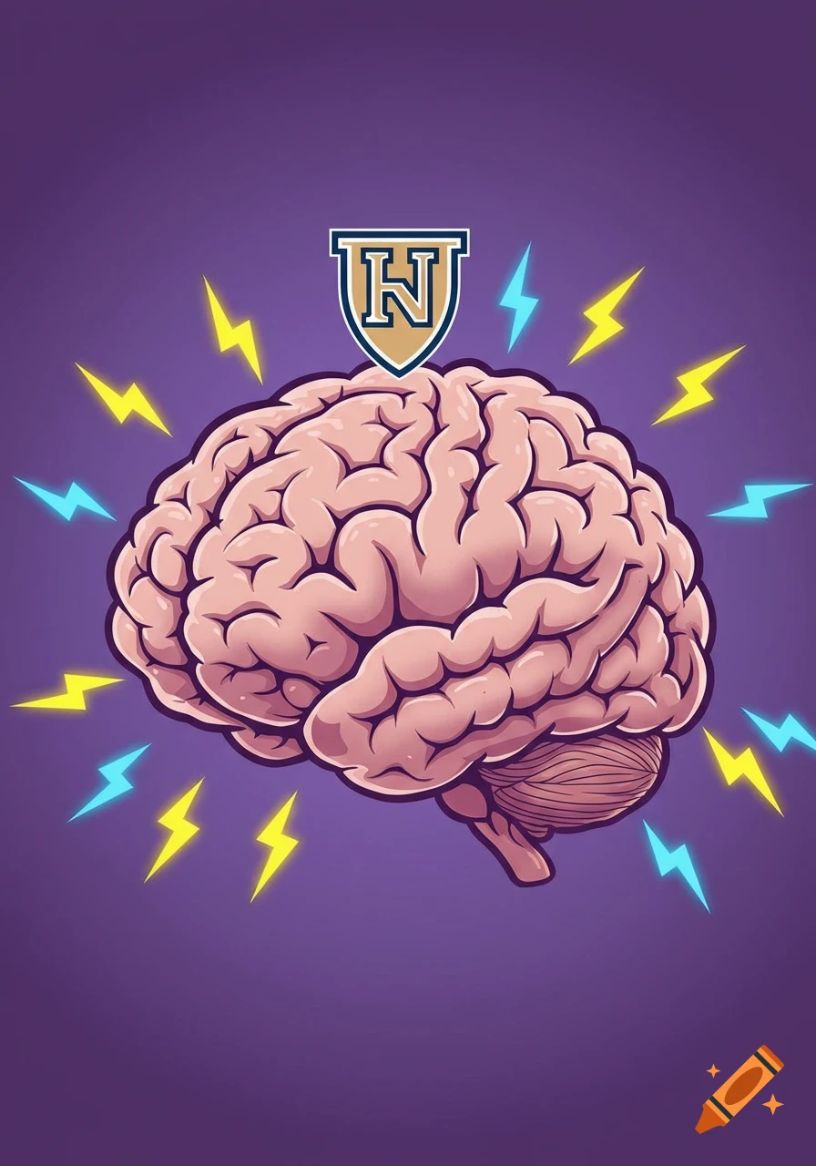Cartoon illustration of a human brain with a shield emblem featuring a letter H and surrounding lightning bolts on a purple background.