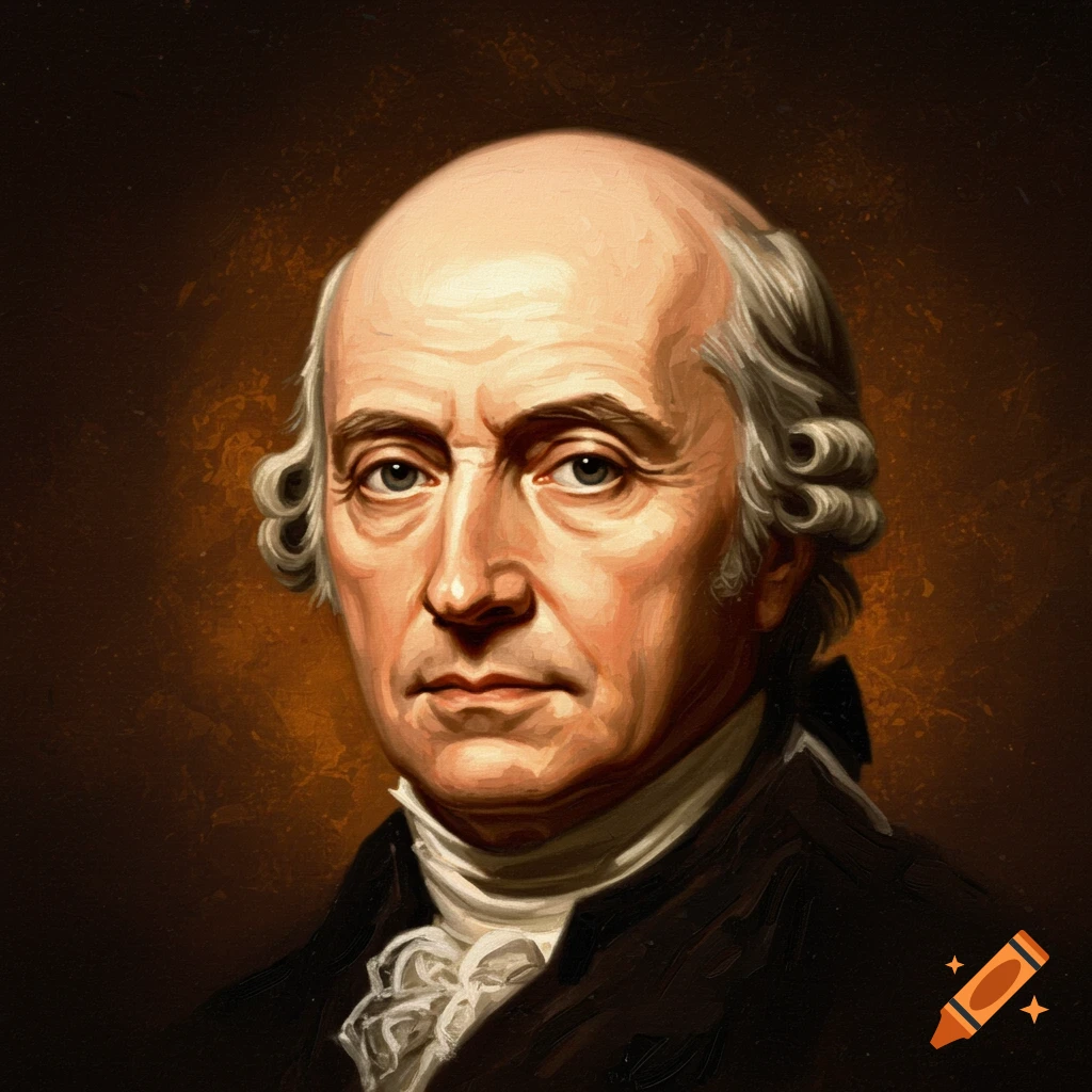 A painterly portrait of a balding man with white, curly hair on the sides, wearing a dark coat and white cravat.