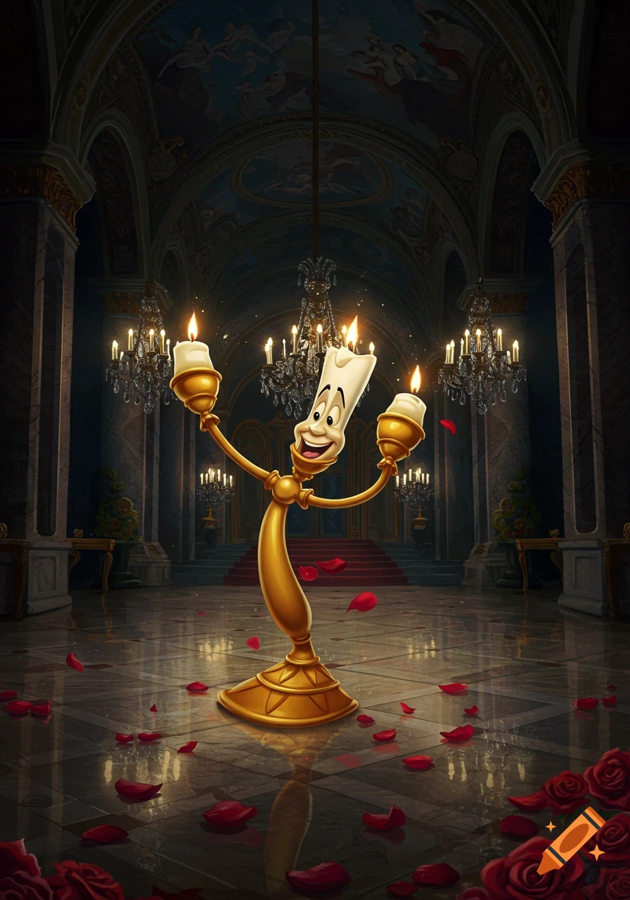 Lumiere, a golden candlestick character with a smiling face and lit candles, stands in a grand, candlelit ballroom with red rose petals.