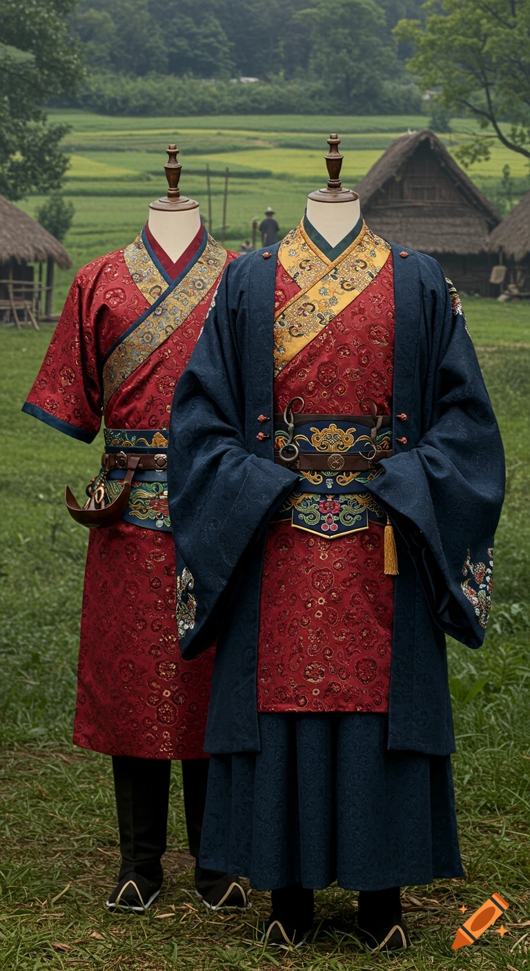 Two mannequins display ornate traditional East Asian garments in a rural outdoor setting with huts and fields.