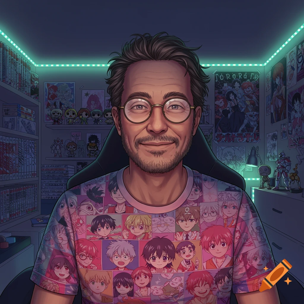 Middle-aged man with glasses and beard wearing an anime character t-shirt in a room with anime posters and figures.