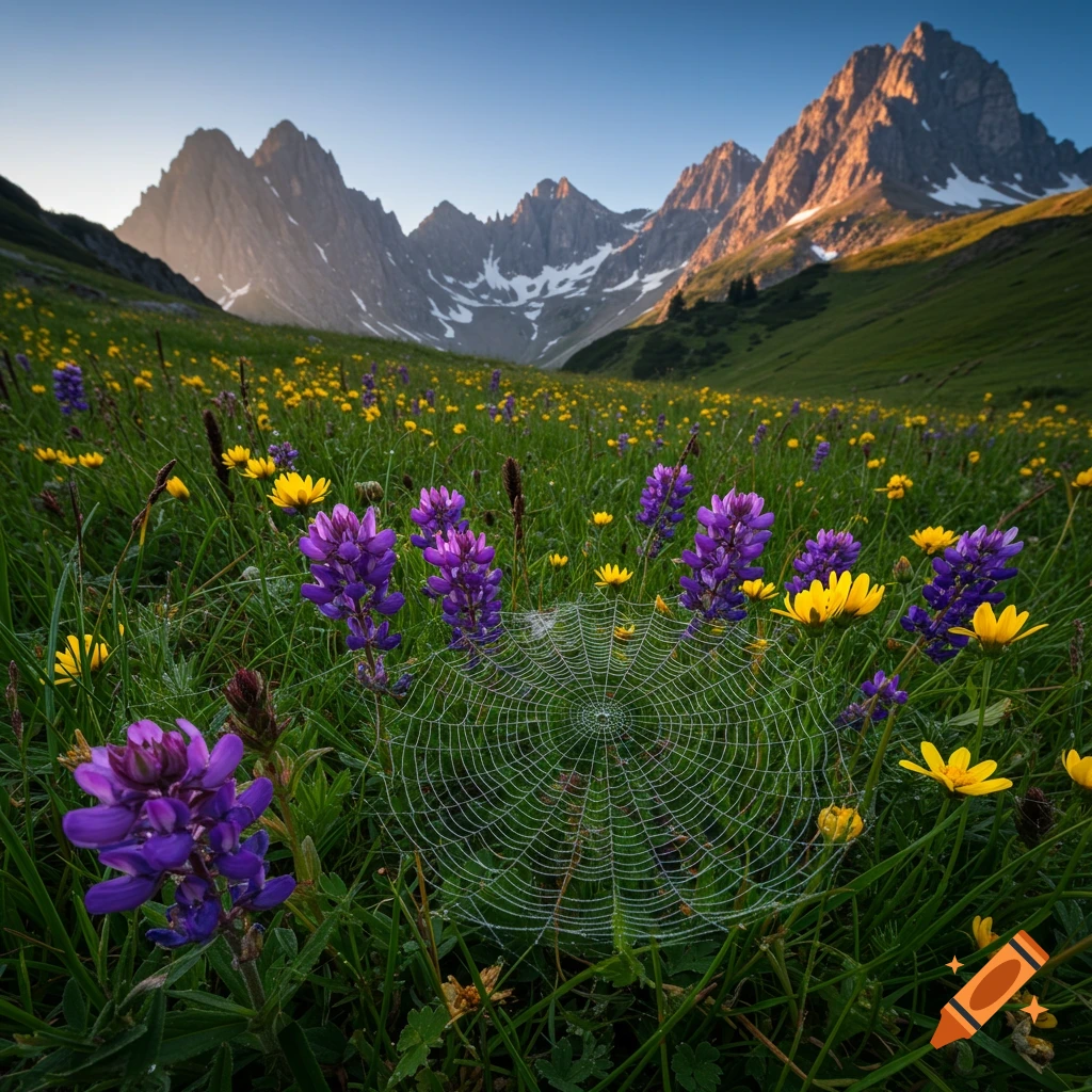 A photorealistic wide shot of a vibrant green mountain meadow filled with purple and yellow wildflowers, with a delicate spiderweb in the foreground, all set against towering, snow-capped mountains under a clear blue sky.