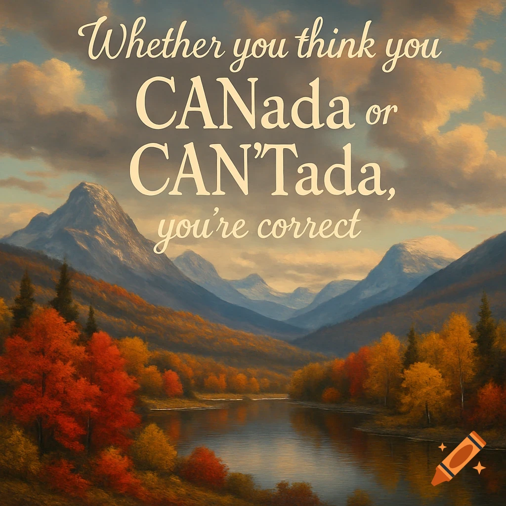 Autumn Canadian landscape with mountains, lake, and colorful trees. Text reads: 'Whether you think you CANada or CAN'Tada, you're correct'.