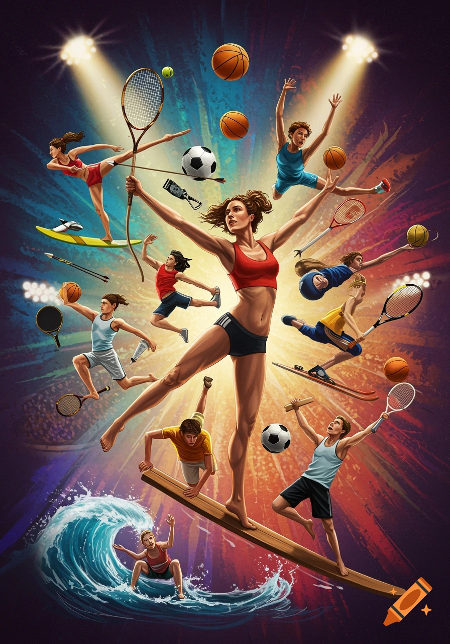 Illustrative image of a central woman surrounded by various athletes engaged in different sports under stadium lights.