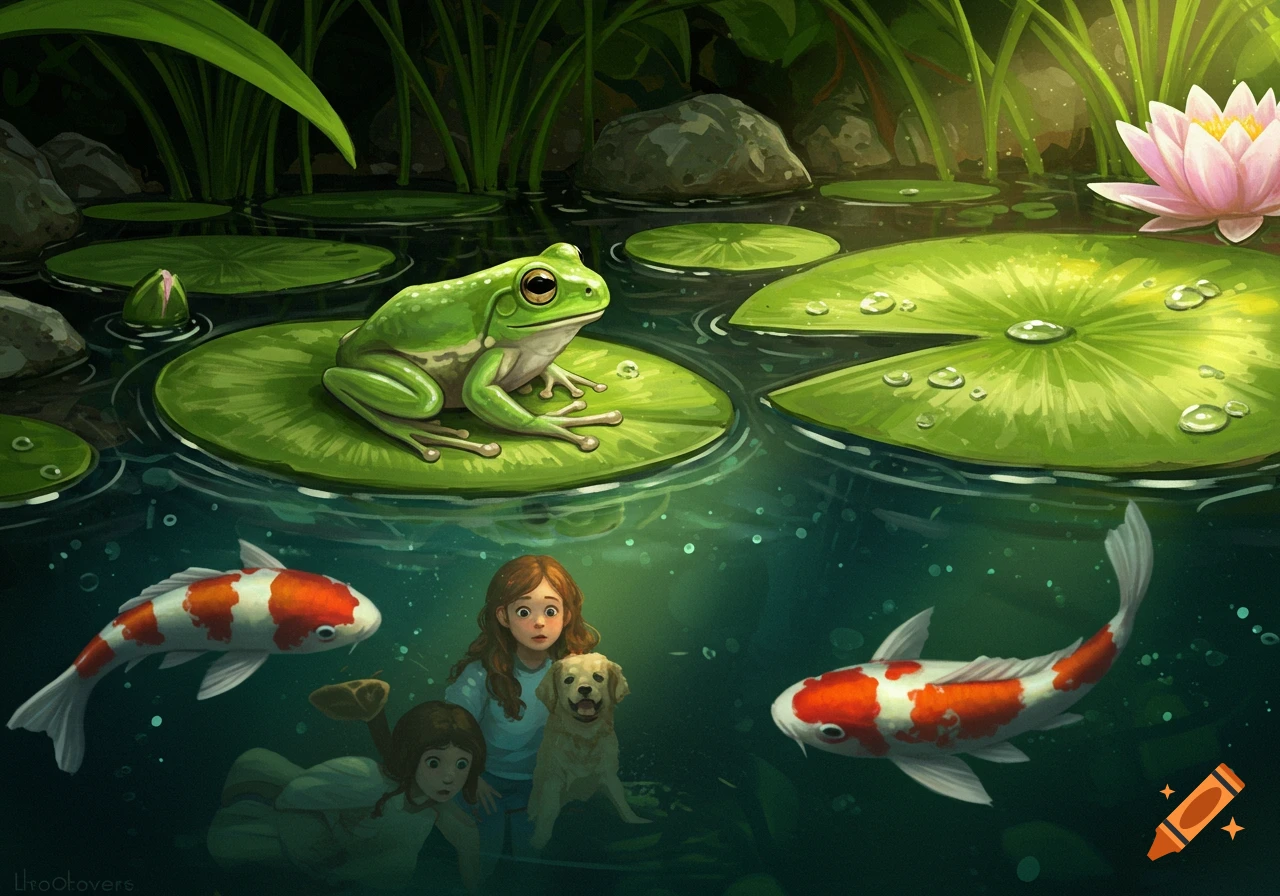 An illustration of a green frog on a lily pad in a pond, with koi fish and the reflection of a girl and her dog visible underwater.