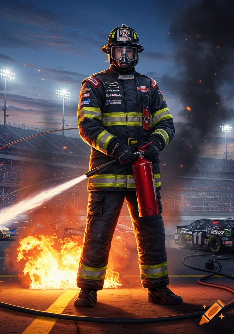 A photorealistic image of a firefighter in full gear holding a fire extinguisher, spraying water onto a fire on a racetrack with race cars and a grandstand in the background at dusk.
