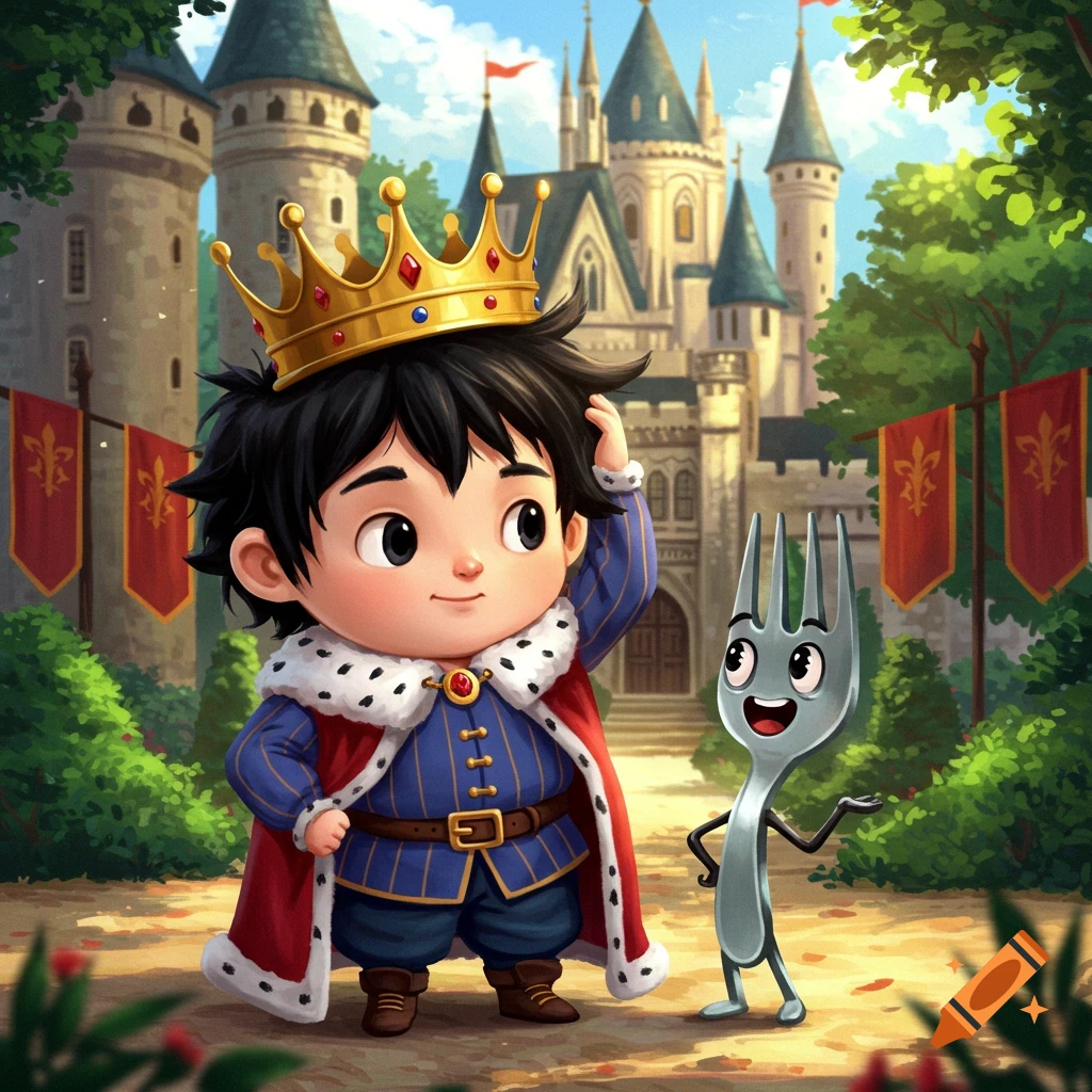 A chibi-style prince wearing a crown and royal cape stands with a talking fork in front of a grand castle.