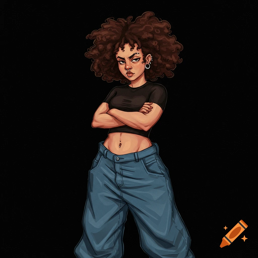 A grungy Y2K-style illustration of a girl with short curly hair, a black crop top, baggy jeans, and piercings, standing confidently with crossed arms against a black background.
