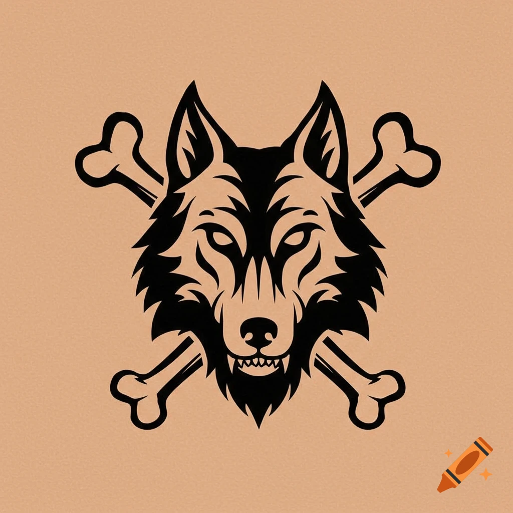 Black stylized wolf head with crossed bones on a tan background, reminiscent of a Jolly Roger tattoo.