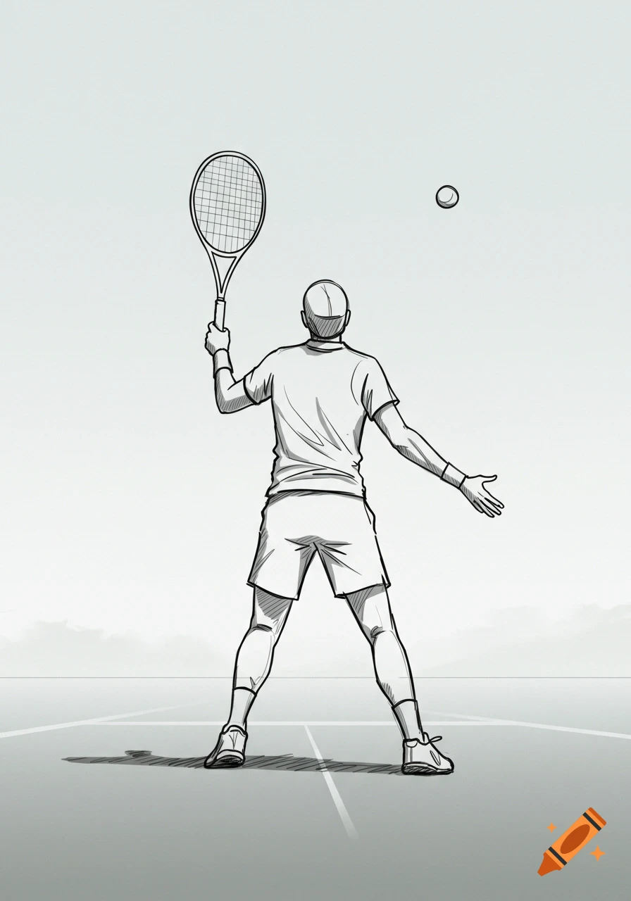 A line art drawing of a male tennis player from behind, about to serve, on a tennis court.