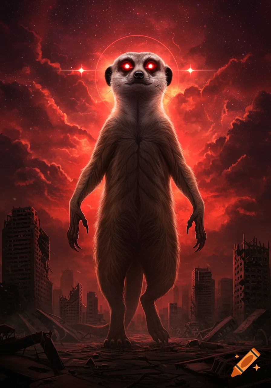 A giant, menacing anthropomorphic meerkat with glowing red eyes stands in a destroyed city under a dark red, cloudy sky.