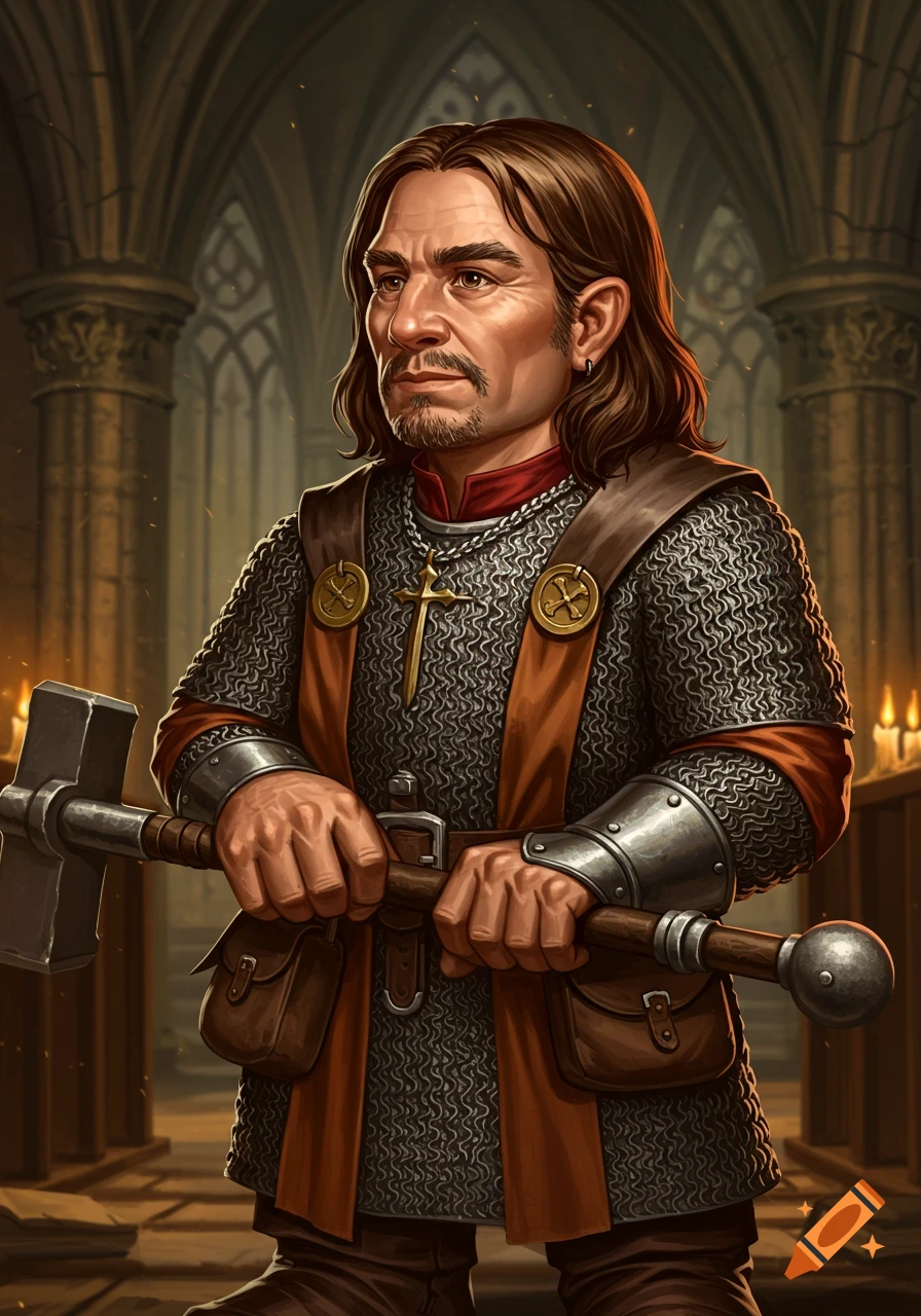 A brown-haired, middle-aged D&D halfling cleric in chainmail and a red tunic holds a mace in a gothic hall. Digital painting.
