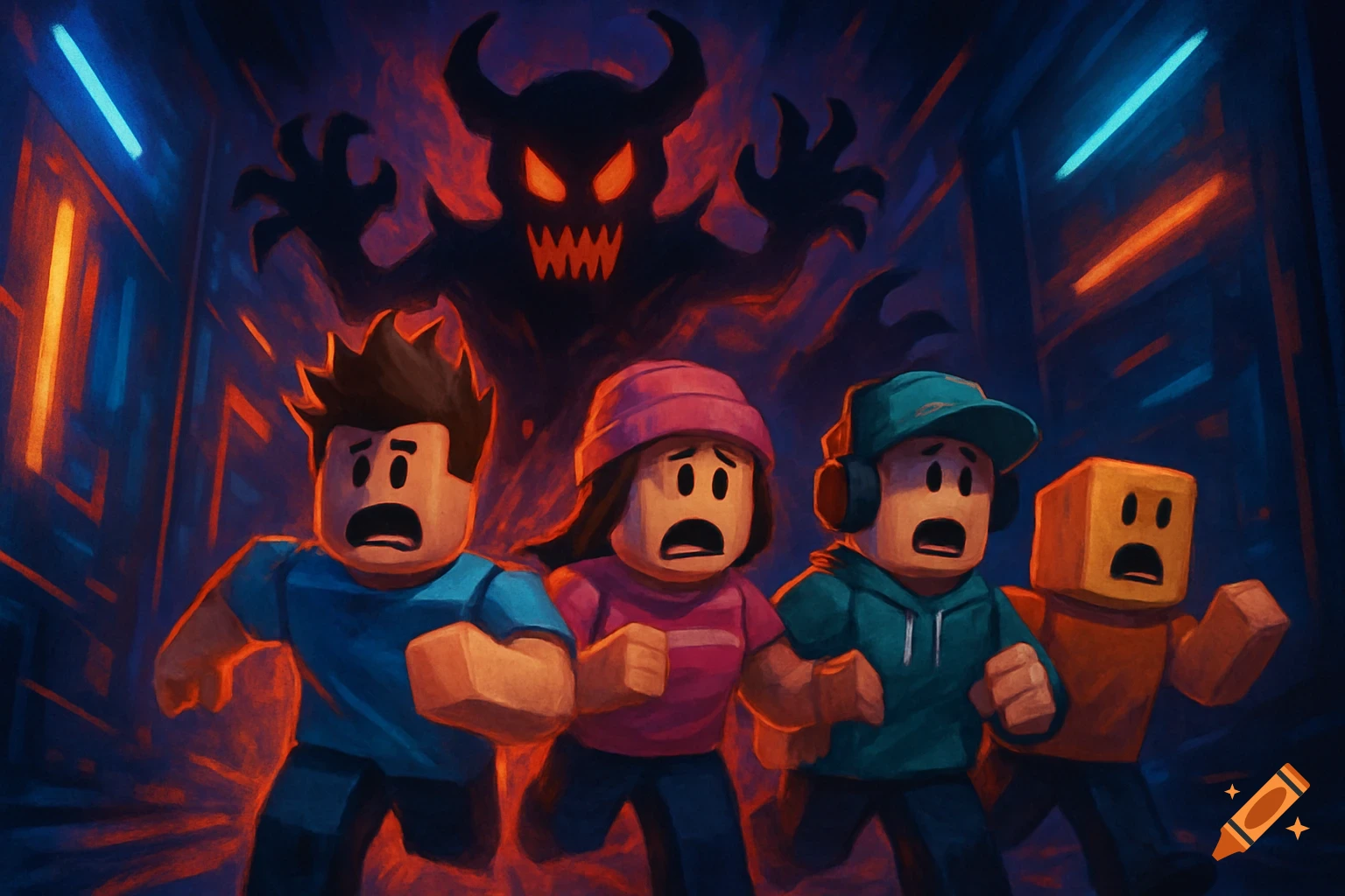 Four frightened Roblox characters run from a shadowy monster with glowing red eyes and jagged teeth in a dark, neon-lit corridor, rendered in a digital painting style.