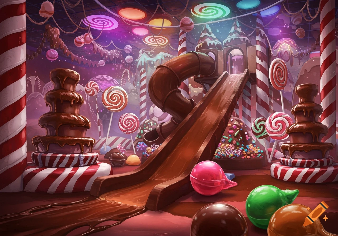 A vibrant chocolate-themed softplay area with a large chocolate slide, chocolate fountains, and various candies under colorful lights.