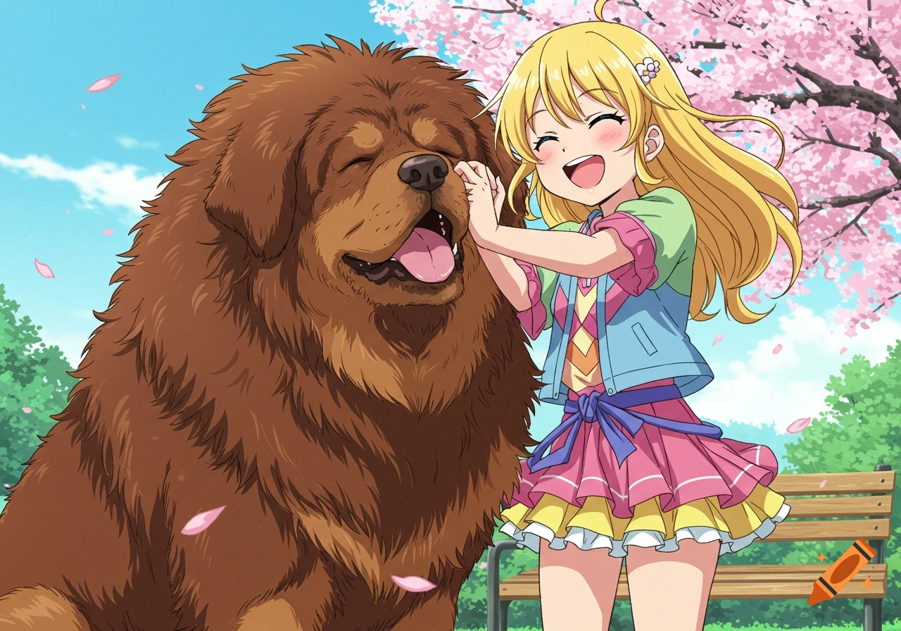 A cheerful anime girl with blonde hair smiles while petting a large brown Tibetan Mastiff in a park with cherry blossoms.