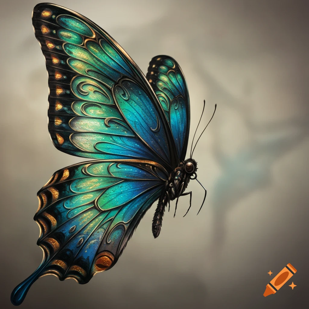 A vibrant, ornate butterfly with iridescent blue and green wings detailed with golden accents, seen from the side against a soft grey background.