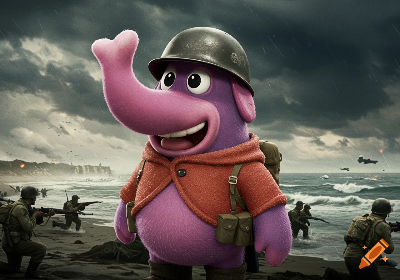 A smiling purple and pink cartoon elephant character wearing a military helmet and red jacket stands on a stormy beach with soldiers in the background.