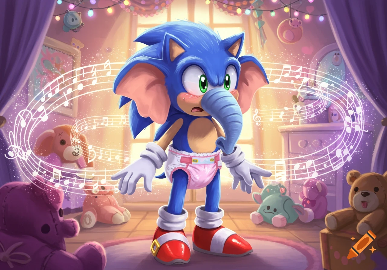 An embarrassed Sonic the Hedgehog, transformed into a blue elephant-like creature with a trunk and large ears, wears a pink diaper in a magical, toy-filled nursery with glowing musical notes.