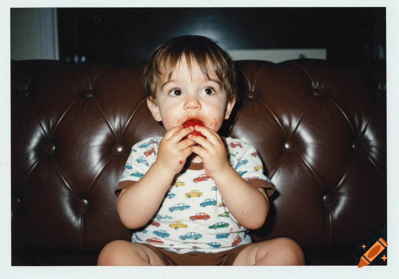 A 2-year-old boy with strawberry juice on his face sits on a brown leather chesterfield couch, looking up at the camera. Vintage polaroid photo style.