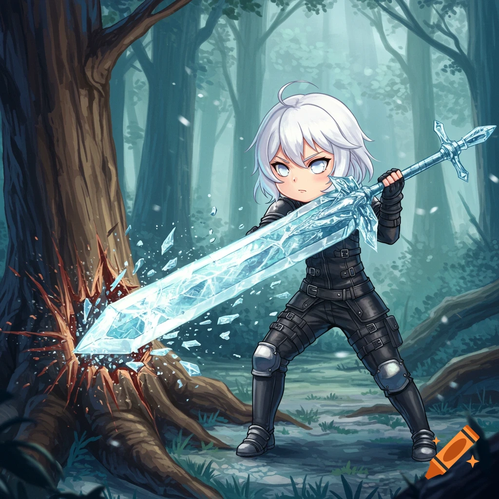 A chibi anime girl with white hair and eyes swings a large ice greatsword into a tree in a snowy forest.
