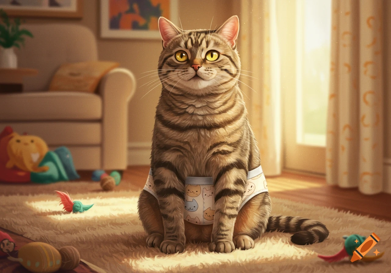 A cute tabby cat wearing patterned underwear sits on a furry rug in a sunlit room, surrounded by toys.