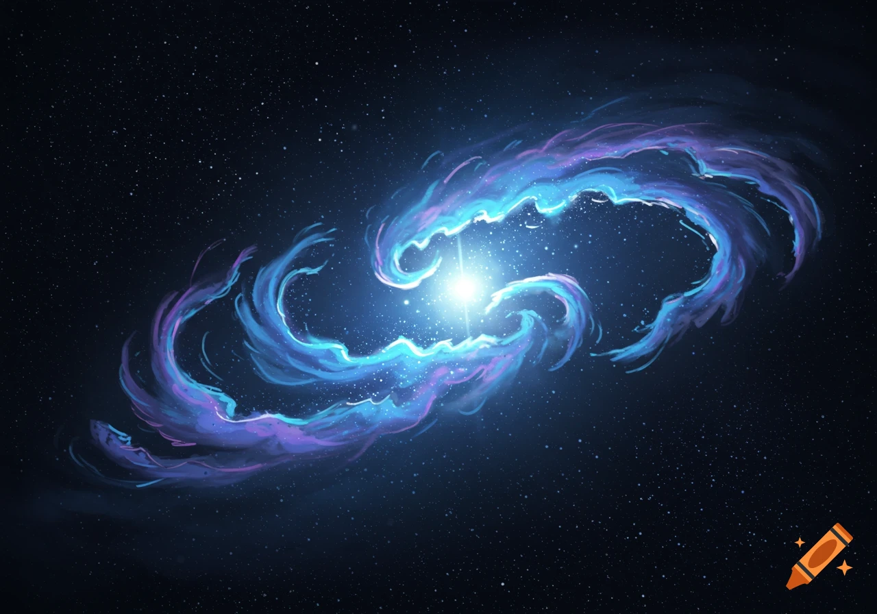 A vibrant blue and purple nebula swirling around a bright star in deep space, with many smaller stars scattered around.