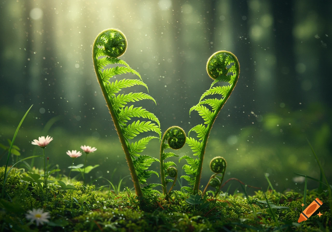 Close-up of unfurling fern fronds and small pink flowers in a sunlit, mossy forest. Photorealistic style.