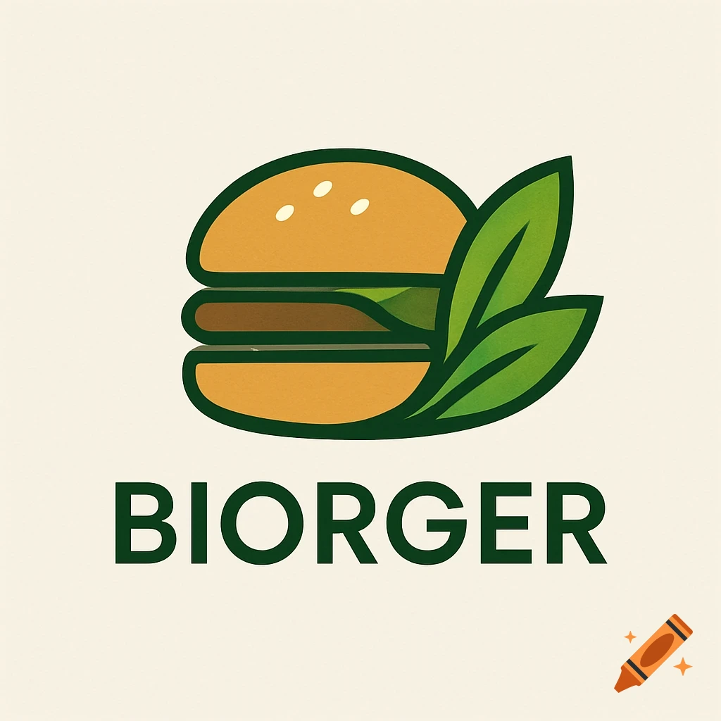 A minimalist logo featuring a hamburger with green leaves, with the text 'BIORGER' below.